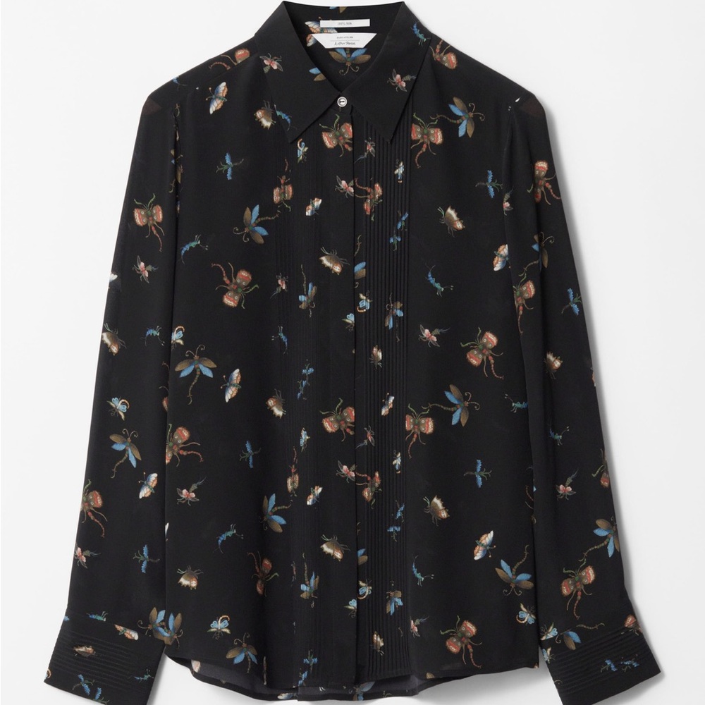 &Other Stories pintuck floral insect print 100% silk button down shirt blouse